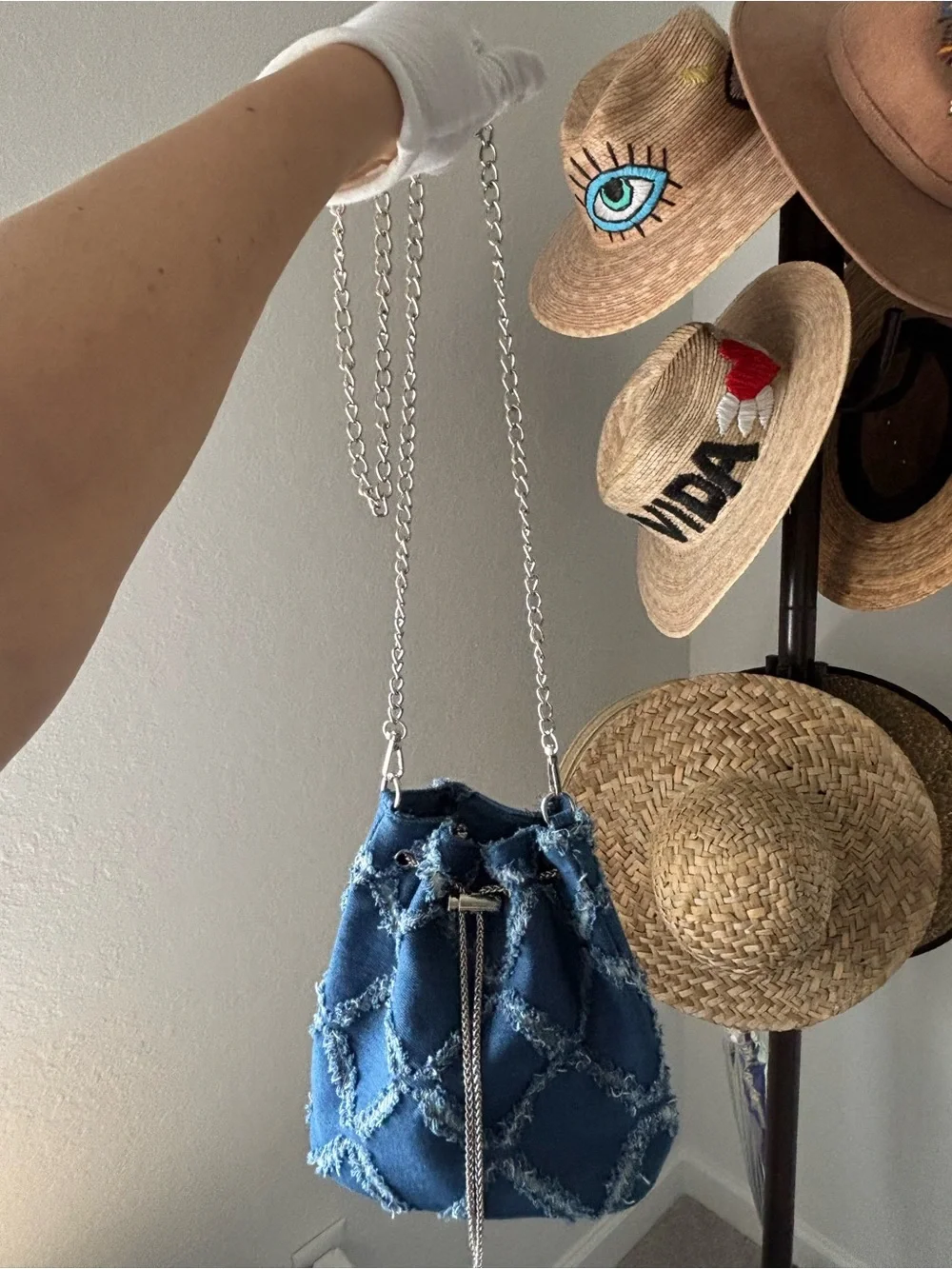 Denim Bucket Bag Frayed Patchwork Silver Chain Crossbody Shoulder Purse Blue